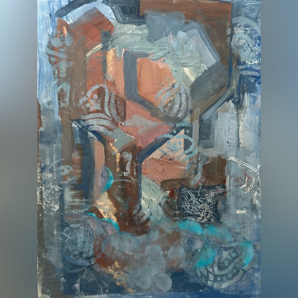 Original abstract 9x12 in acrylic and oil Blue, Coral and Brown Art Painting.